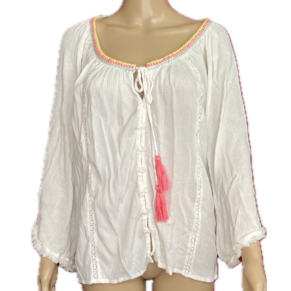 Nostalgia Oversized Gauze Embroidered Fringe Tassel Poets Top Small